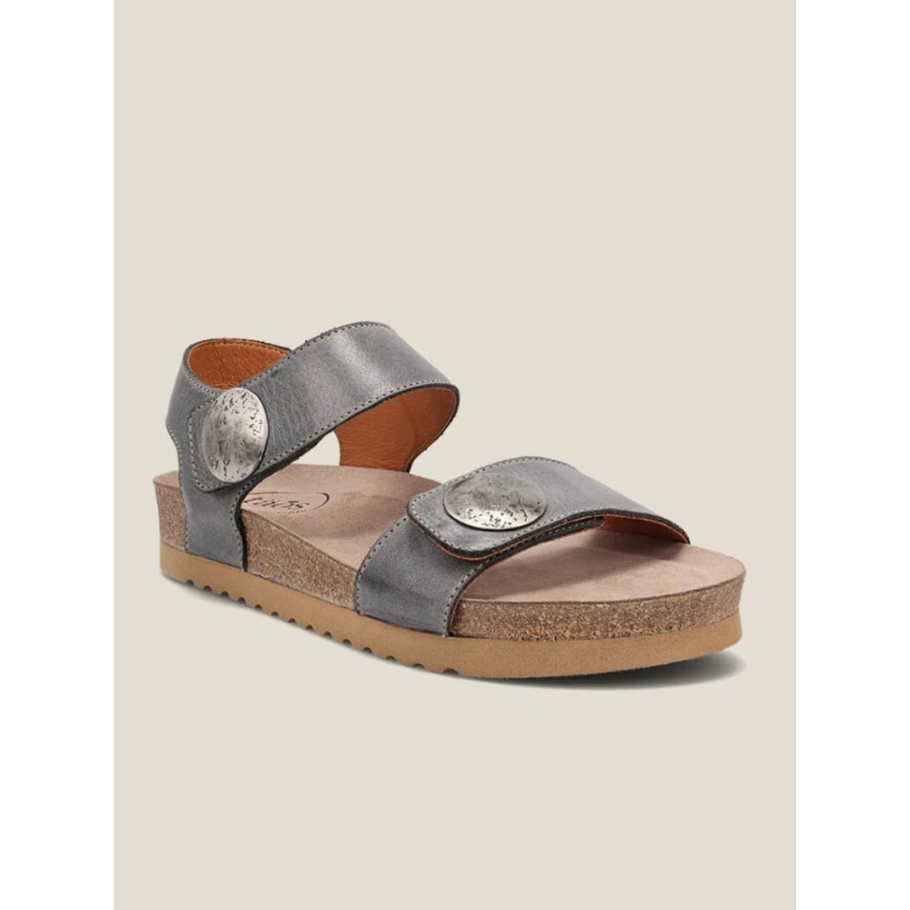 Taos Luckie Sandal Gray Leather Cork Footbed Adjustable Comfort Straps Lagenlook